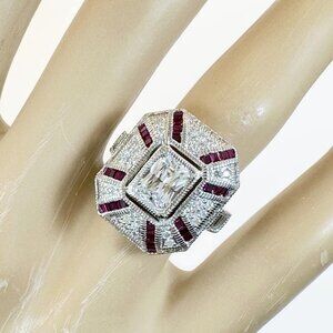 Art Deco Style, PAJ, Ring: Sterling Silver Garnet CZs Size 5, Vintage